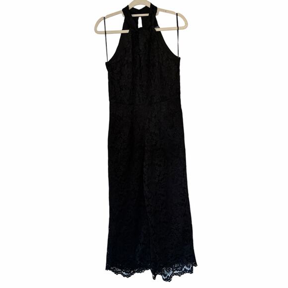 Julia Jordan Women's Lace Jumpsuit 2 Black Twist Neck Halter Wide Leg Event Chic - Picture 2 of 12